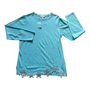 Quacker Factory Snowflake Sweater Women's Size Medium Blue Beaded Sequins Knit